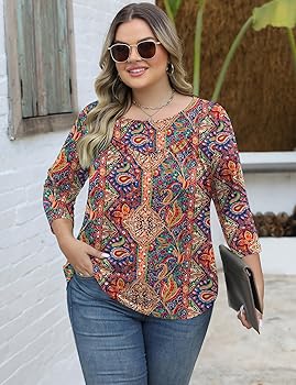 Womens Plus Size Tops 3/4 Length Sleeve Blouses Crew Neck Shirts Casual Loose Tunic Tops