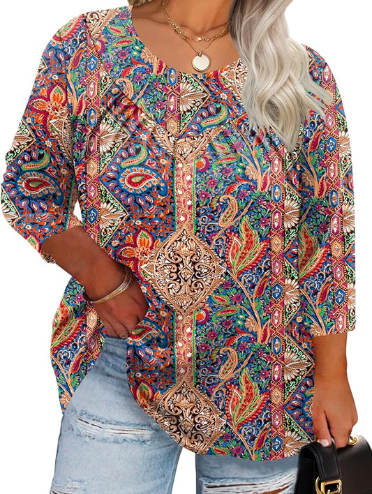 Womens Plus Size Tops 3/4 Length Sleeve Blouses Crew Neck Shirts Casual Loose Tunic Tops
